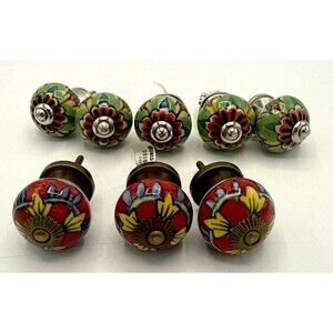 Ceramic Colorful Boho Flower Cabinet Drawer Pull Knobs World Market Lot Of 8